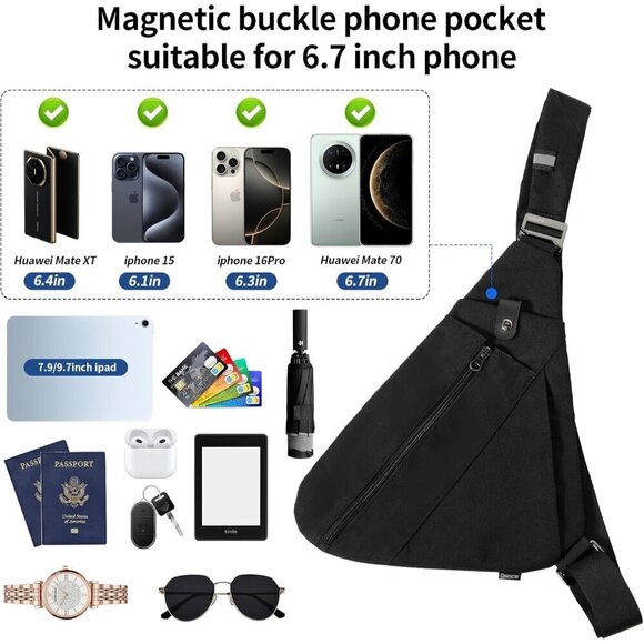 Travel Sling Bag Men RFID Crossbody Chest Backpack Water Bottle Pocket